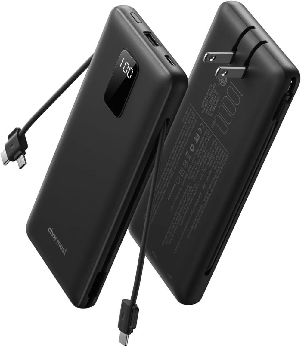 Charmast 10000mAh Portable Charger Power Bank Built-In Cables Wall Plug